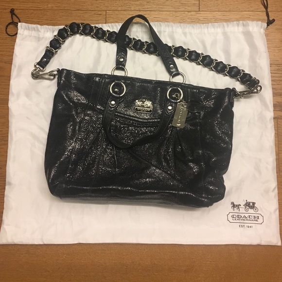 Black Shiny Leather Coach Tote