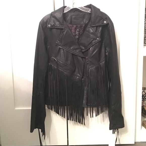 Blank NYC vegan leather and fringe jacket
