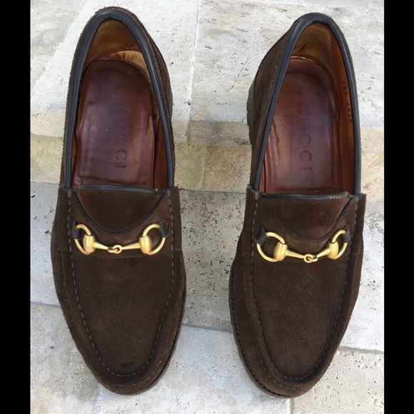 Gucci brown suede lug sole horse bit loafers,