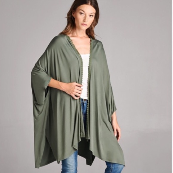 Boutique Tops - Lace Trimmed Poncho Cardigan
