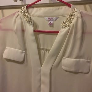 Ivory Sheer Blouse With Rhinestone Collar