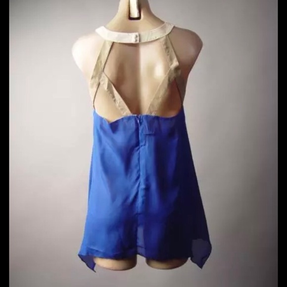 Final Sale Blue/ Beige Straps Back Blouse - Picture 6 of 8