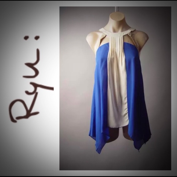 Final Sale Blue/ Beige Straps Back Blouse - Picture 3 of 8