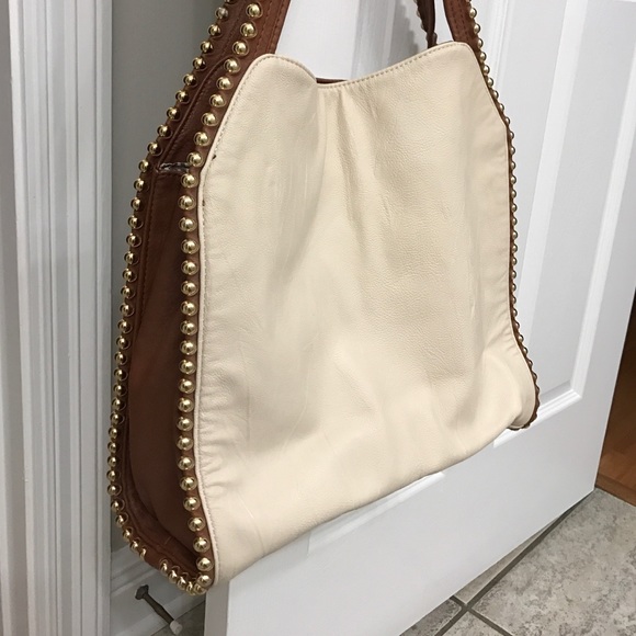 Large cream handbag with camel and gold trim