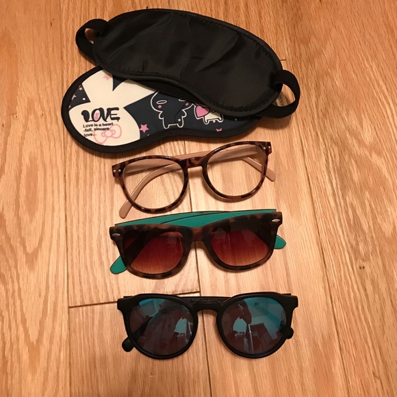 3 pairs of sunglasses and 2 eye sleepwear