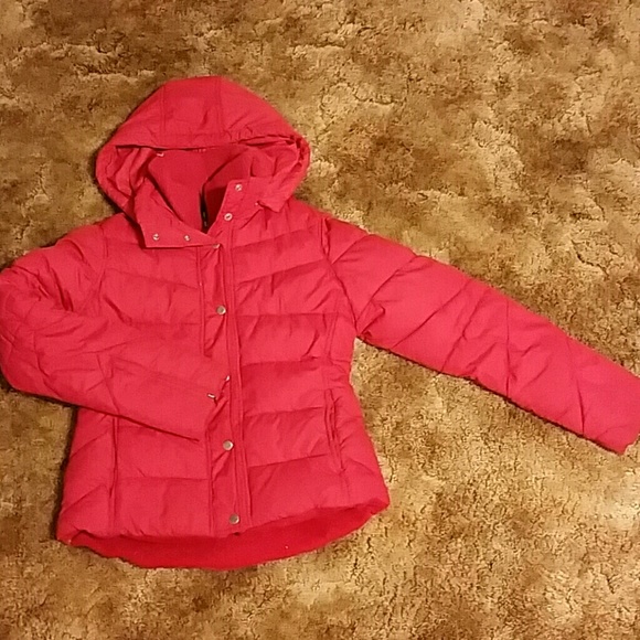 Bright red puffy down coat