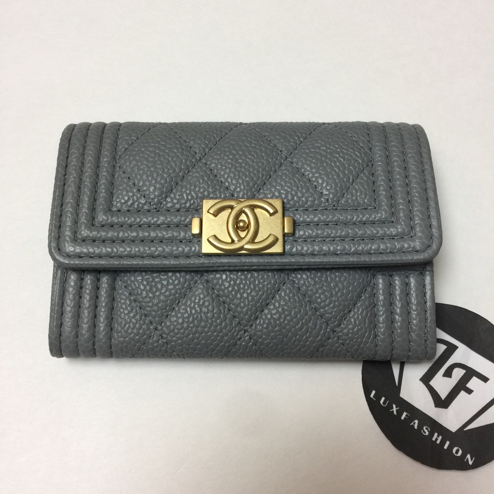 Auth Chanel Boy Card Holder Case Gray Caviar GHW