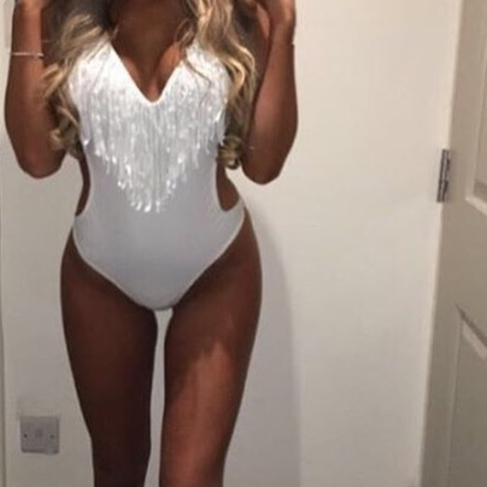 white fringe bathing suit