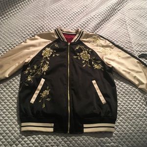 Embroidered satin tiger reversible bomber