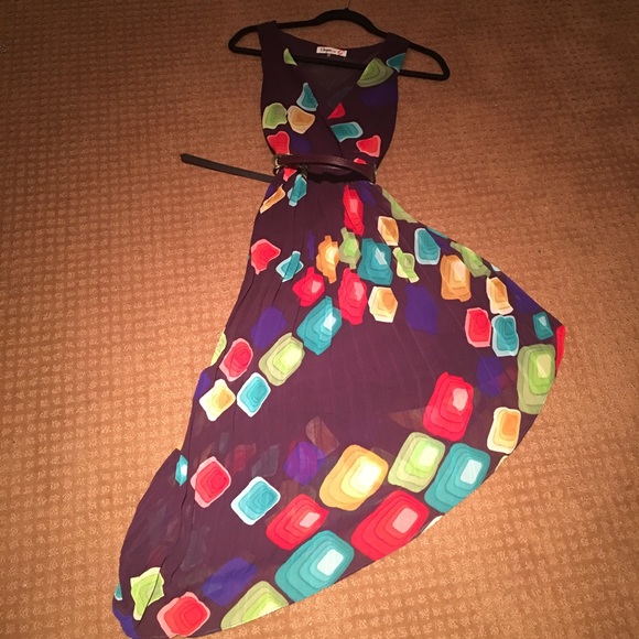 Printed asymmetrical dress with belt