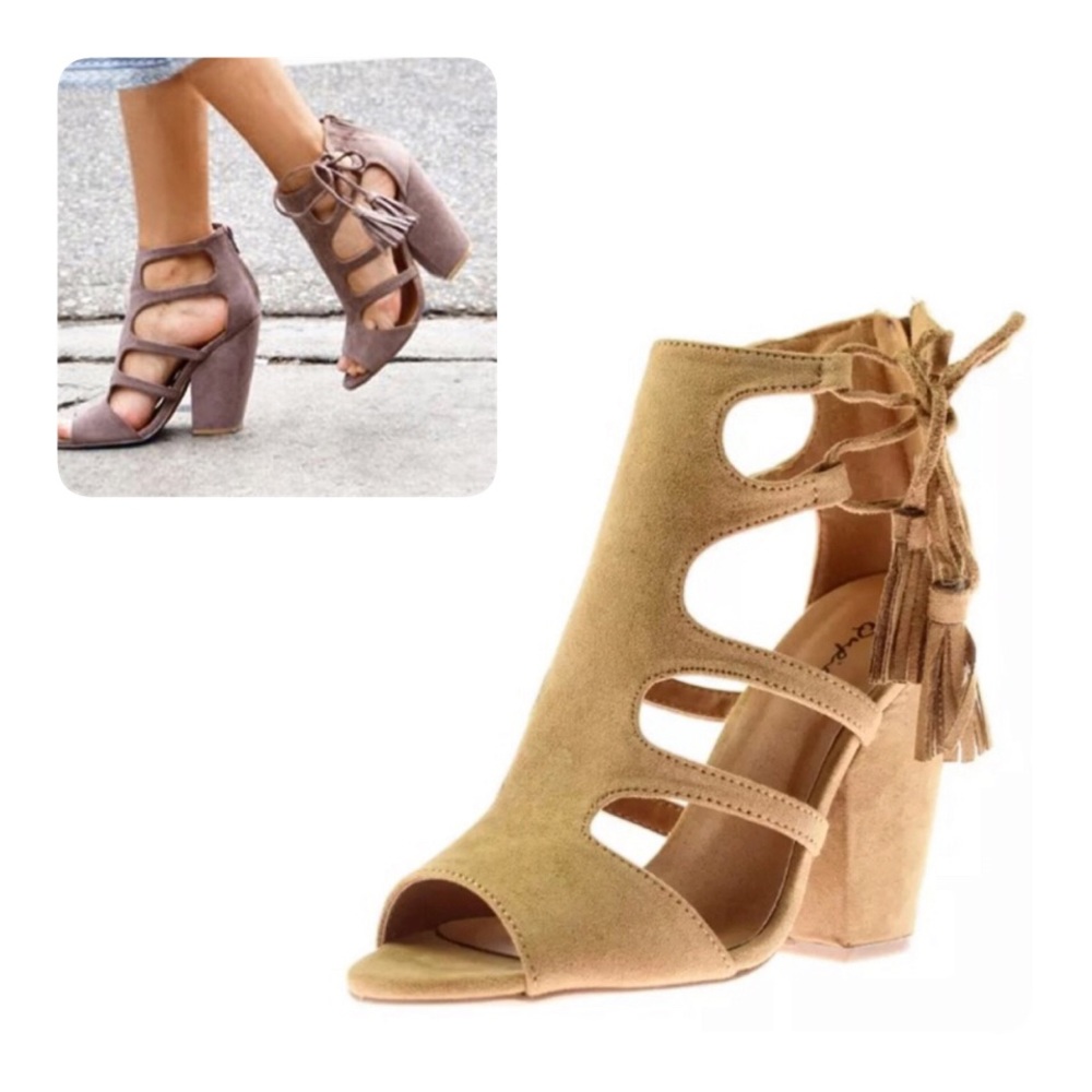 Tan Vegan Suede Caged Sandals! NEW! - Picture 8 of 11