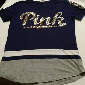 PINK Short Sleeve Blue Gey and White Bling!
