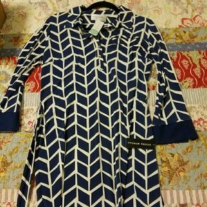 Donna Morgan navy blue belted shirt dress.