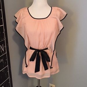 ADORABLE Blush Chiffon Ruffled Top with Black Trim
