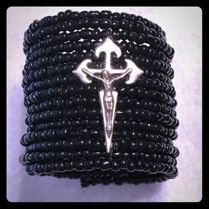 Beaded cuff bracelet with cross