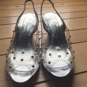 Dezario clear sequined dressy wedge.