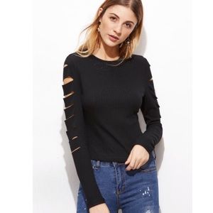 Black Ribbed Knit Ripped Sleeve Pullover Top Black Ribbed Knit Ripped Sleeve Pullover Top