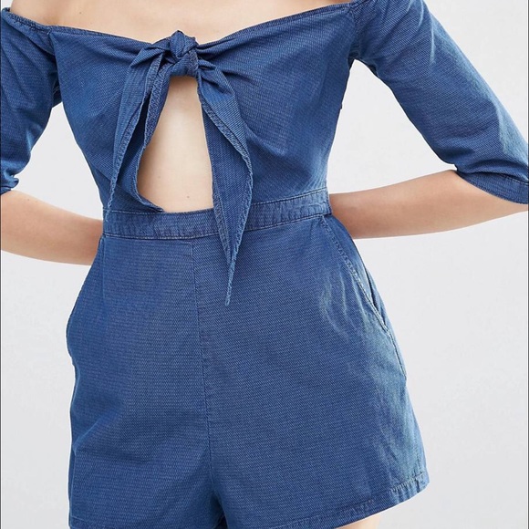 Denim off shoulder tie front romper (true to size) - Picture 3 of 4