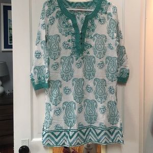Boho tunic teal and white embroidered size S/M