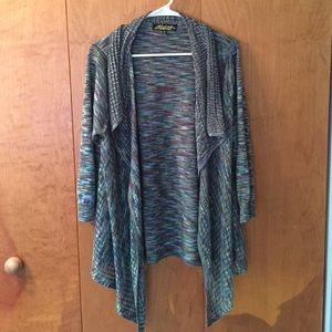 Loose blue, green, purple throw-over sweater