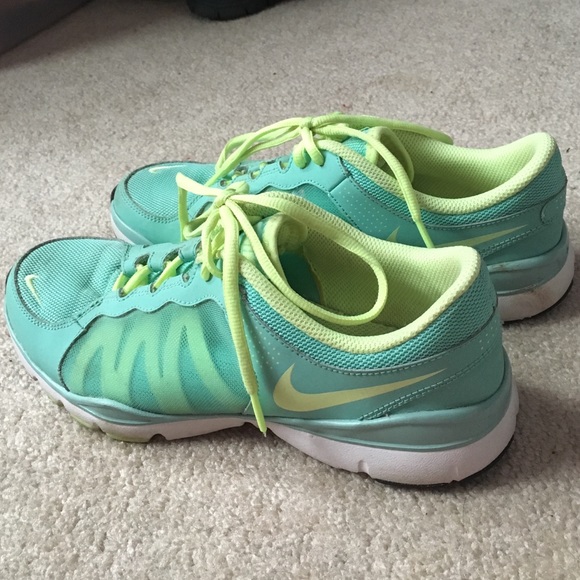 Bright blue and neon green Nike sneakers