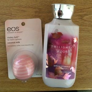 New eos lip balm and twilight woods lotion