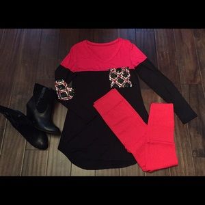 Red and black sequin tunic top w/elbow patches!