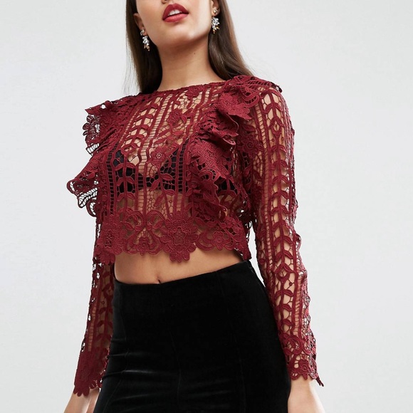 Premium lace top with ruffle front in oxblood - Picture 3 of 4