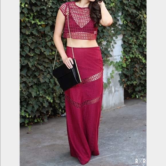 Two Piece Lace Burgundy Crop & Maxi Set w Bralette