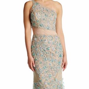 Terani Couture aqua beaded one shoulder gown