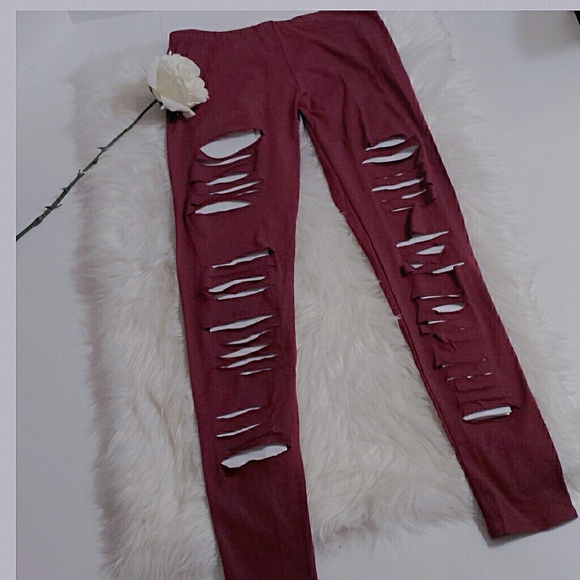 Wine Colored Ripped Leggings - Picture 2 of 2