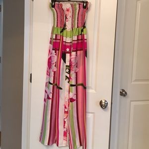 Satin strapless dress with button front