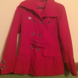 Red trench coat.