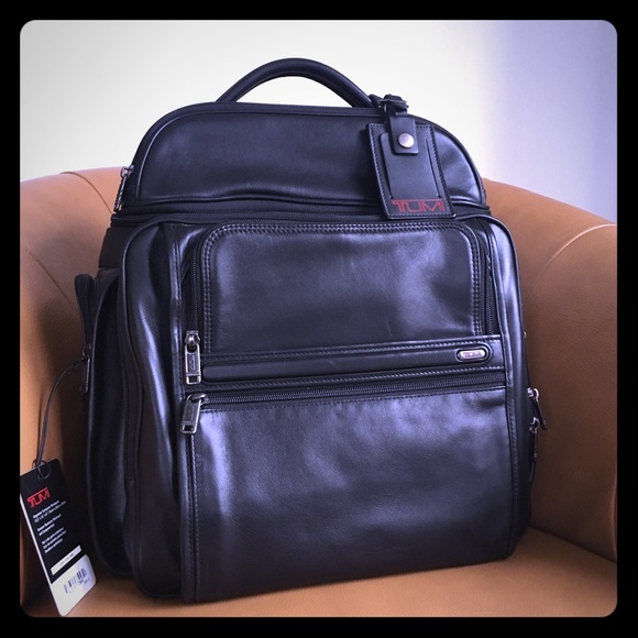 Black leather Tumi computer backpack.