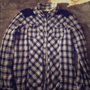 Vanity plaid top with lace shoulder panels