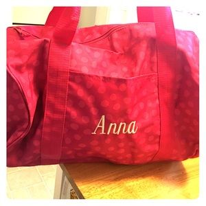 Thirty one hot pink polka dot monogrammed Anna bag