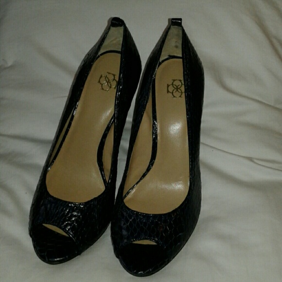 Navy Snake-Skin Like Wedge Peep-Toe Shoe