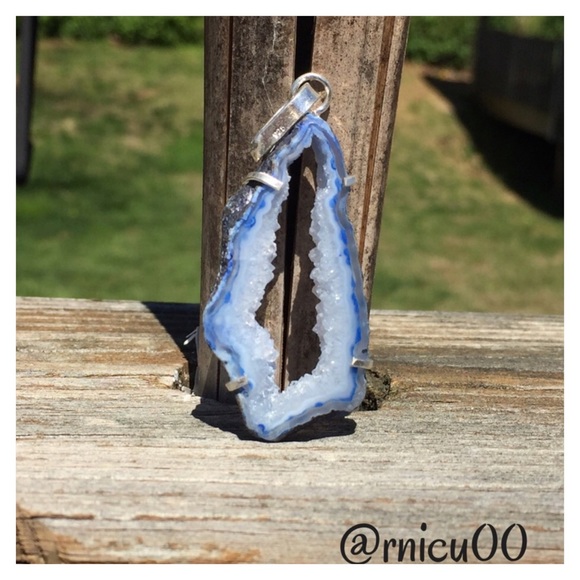 gallery_of_gems Jewelry - Natural Blue Agate Geode Slice Sterling Pendant