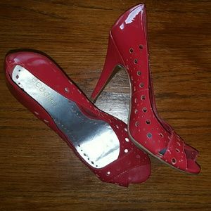Red patent leather BCBG heels, polka dot peep toes