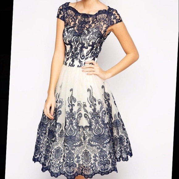 Embroider lace dress with Bardot neck