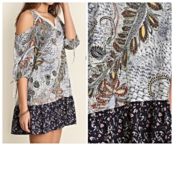 Boho Paisley Cold Shoulder Tunic Dress Medium - Picture 2 of 3