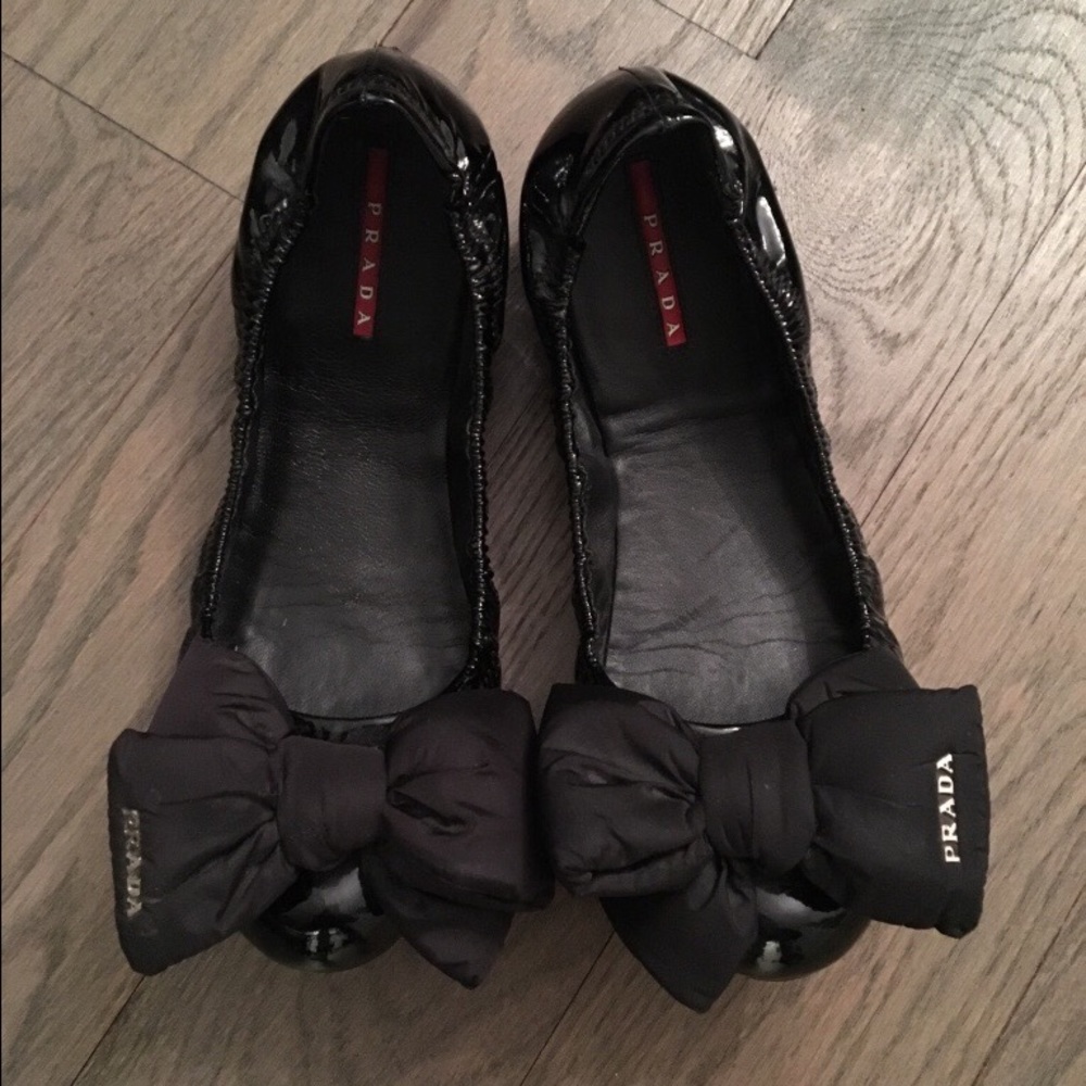 PRADA black patent leather bow flats