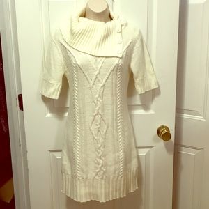 White cable knit sweater dress with button neck