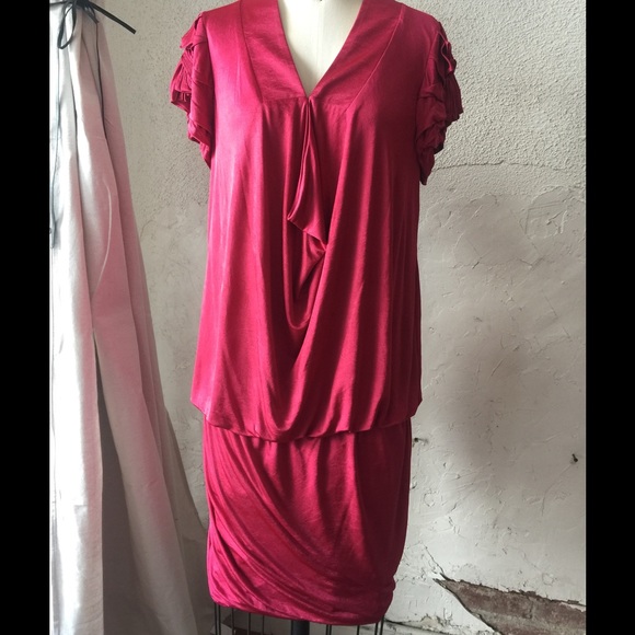 Fuchsia fancy sleeve drapey cocktail dress