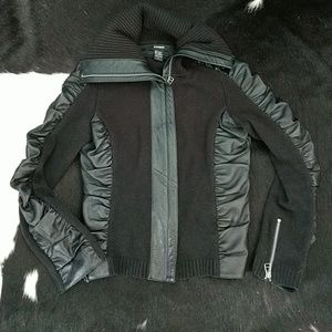 Fullzip Sweater Jacket Trimmed in Genuine Leather