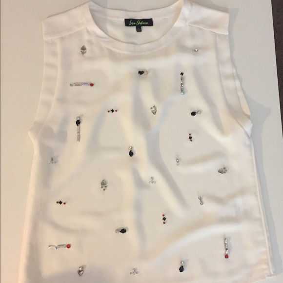 Sam Edelman White Silk Jeweled Muscle Tank