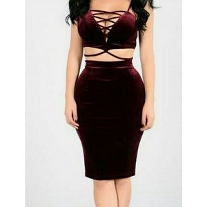 FashionNova Burgendy Velvet Matching Skirt Set