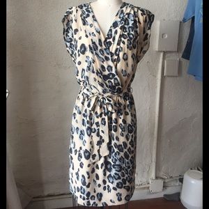 Cross top silky blue leopard dress w/ pockets