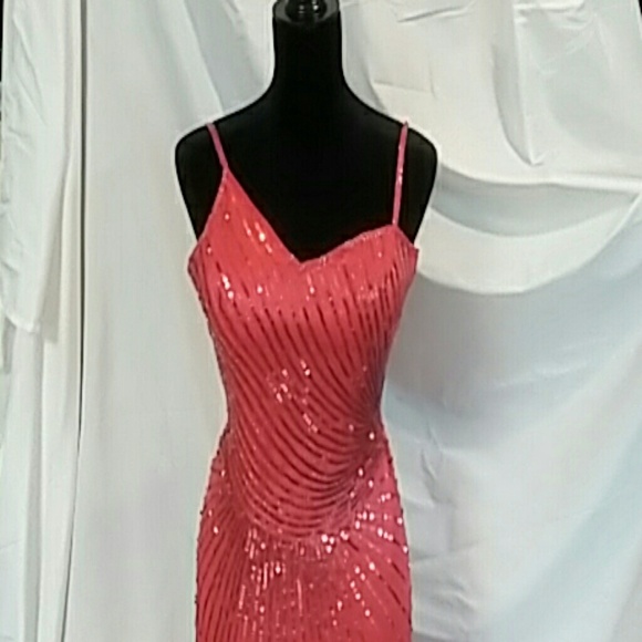 Prom Coral/watermelon color full sequin prom dress