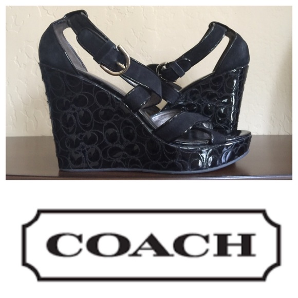 Coach Shoes - Gorgeous Black Signature Coach Wedge Sandals